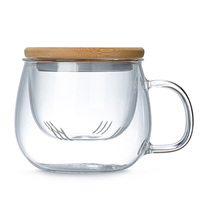 Tasse à thé en verre borosilicate de 10 oz avec infuseur amovible, filtre transparent et couvercle en bambou, tasse à thé épaisse avec soucoupe à lait