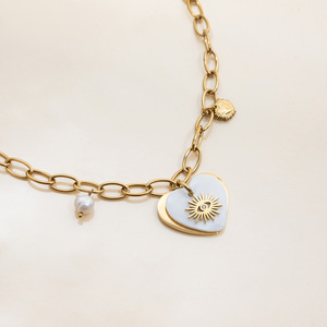 Collar con Colgante de Corazón, Chapado en Oro de 18K, Perla de Agua Dulce con Diamantes Blancos, Colgantes Temáticos para Uso Diario - Product Image 4