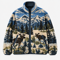 Jaket Fleece Luar Ruangan Jacquard Motif Satwa Liar Pria, Jaket Musim Dingin Hangat Beritsleting Penuh Sherpa, Label Pribadi OEM ODM, Pemasok Pakaian Grosir