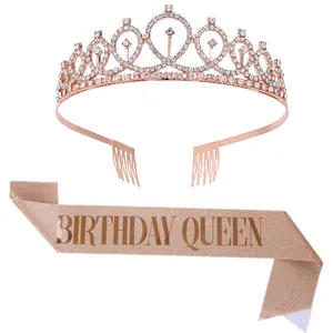 Grosir tiara 18th ulang tahun-Happy Birthday Mahkota Gadis Tiara untuk Perempuan Wanita Mahkota Berlian Imitasi dengan Sisir Kristal Pesta Ulang Tahun Topi
