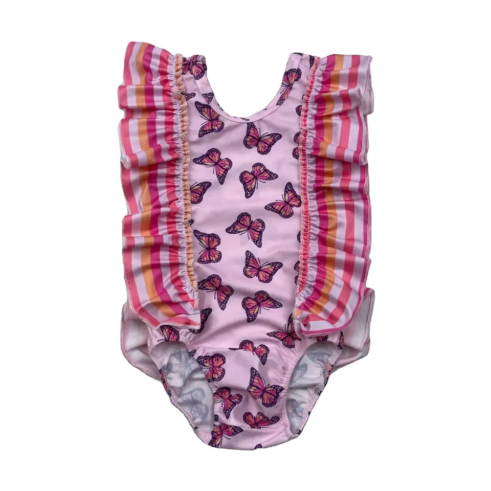 QL2022 Lovely stripe Ruffle Baby Infants Toddlers butterfly Swimsuits Zipper up Kids Swimwear
