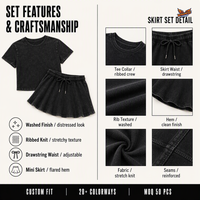 Mini-jupe en jean noir décontractée unie délavée sur mesure avec cordon de serrage à la taille pour femme, idéale pour le printemps/été, usage quotidien, vente en gros, directement de l'usine.