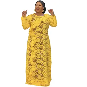 2021 Frauen Long Lace Abaya Kleid Plus Size African Yellow Long Gown Kleider für Frauen mit Innen