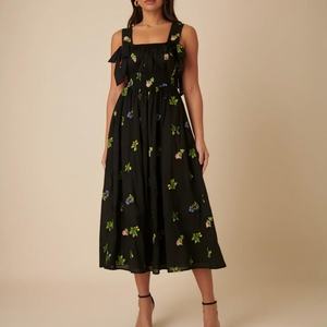 Vestidos de Algodón 100% Nuevos de Marca Original para Mujer, Vestido Midi Dallas Negro con Bordado Floral, Cintura Alta, Corte Holgado, Estilo Casual - Product Image 1