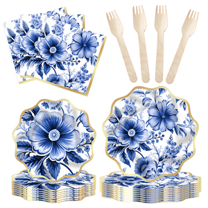 DAMAI Blue Flower <b>Disposable</b> <b>Tableware</b> 10Inch 8Inch Elegant Floral Gold Paper Plates Blue Floral Cups for Birthday Wedding - Product Image 3