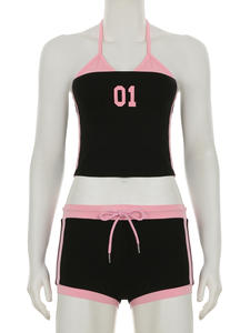 Sevimli 2 parça şort takımı kadın mektup baskı Halter Tank Tops ve şort seksi renk blok gündelik spor giyim iki parçalı setleri Lady - Product Image 2