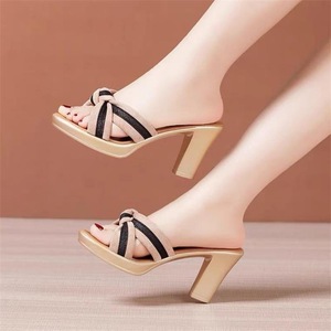 Elegant Black Faux Leather Heeled Sandals Open Toe Block Heel Mid Height Slip-On Summer Women's <b>Shoes</b> - Product Image 5