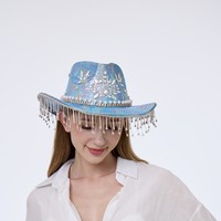Chapeau de cowboy bohème en gros, bleu irisé, imprimé serpent, franges en strass, pour festivals, fêtes personnalisées, pour femmes