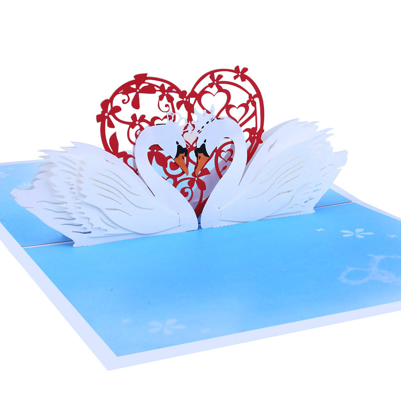 Tarjeta de felicitación Pop-Up 3d para aniversario de boda, tarjeta de felicitación de lujo ahuecada, corazón rojo, blanco, Swans, corte láser