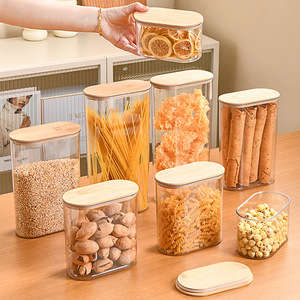 Bamboo Lid Airtight Jar Plastic Food Grade Transparent Rectangle Storage Container For Kitchen <b>Noodle</b> Grain Preservation 500ml - Product Image 1