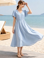 Robe midi bleu clair pour femme, col en V, manches courtes à volants, taille ajustée, coupe trapèze, robe d'été pour la plage