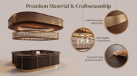 Comptoir de caisse ovale en bois foncé avec anneau perforé bronze, présentoir à grains de café, base LED lumineuse, aménagement personnalisé pour café