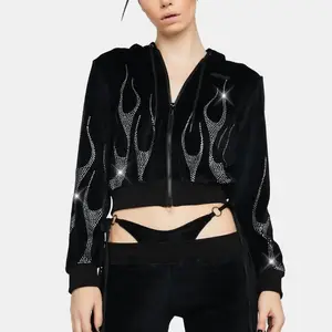 Heavyweight Cropped Women's Jacket Hoodies Rhinestone Flames Printing Zip Up Custom Hoodie