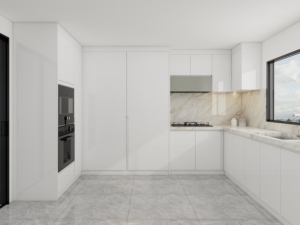 Diseño de armario de <span class=keywords><strong>cocina</strong></span> minimalista con asas ocultas Superficie de fácil limpieza Proveedor de Guangdong - Product Image 3