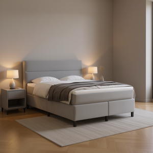 Cadre de lit double moderne en bois d'ingénierie recouvert de velours gris clair, style contemporain - Product Image 2