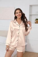 Pyjamas en soie pour femmes, vêtements de nuit à manches longues, vêtements de détente boutonnés en soie douce, ensemble short et pyjama 2 pièces