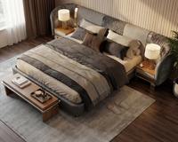 Lit moderne en cuir véritable avec tête de lit en bois rayé, design capitonné haut de gamme, garantie 3 ans pour villas et penthouses