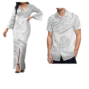 Fall White Sunday Polynesian White Dress Match Plus Size Camisas <span class=keywords><strong>para</strong></span> hombres Ropa de parejas personalizada Deep V Neck Bell Sleeve Vestido largo - Product Image 2