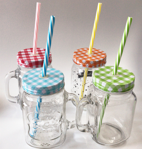 350ml 450ml 500ml Custom Drinking Water Beverage Glass Mason Jar cup With metal lids Handles Straws