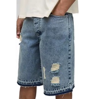 Shorts en jean 14 oz taille haute pour homme avec logo personnalisé, style vintage streetwear, déchirés, délavage foncé, tricotés, brodés, pour l'été