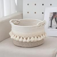 Panier de rangement tressé à la main en corde, écologique, moderne et simple, avec poignées, design à boucle et pompon, pour la maison des enfants