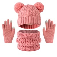 Ensemble bonnet, écharpe et gants en tricot pour enfants – Bonnet en tricot torsadé avec oreilles d'ours et pompon – Accessoires trois pièces chauds pour l'hiver, la neige et les activités extérieures par temps froid