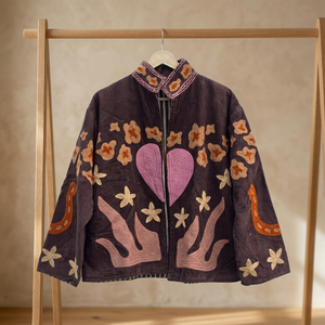 Hand Embroidered Corduroy <b>Jacket</b> <b>Mandarin</b> <b>Collar</b> Full Sleeve Floral Pattern Pink Hearts Autumn Women's Coat Wholesale <b>Jackets</b> - Product Image 3