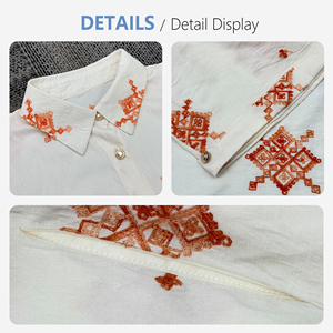 Abito Lungo Estivo Bohemien in Lino con Stampa Floreale, Vestito Maxi a Maniche Corte con Bottoni, Stile Etnico Arancione Ricamato Bianco - Product Image 5