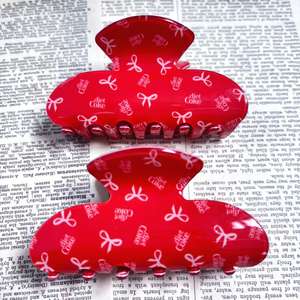 Pinces à cheveux pour femmes, blanches, avec nœud rouge, points acryliques, imprimé cœur rouge, pinces à cheveux en PVC - Product Image 1