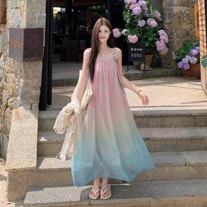 Korean Style Gradient Beach Sundress Square Neck Natural Waist Breathable Swim Cover Up Summer Vacation Dress - Product Image 4