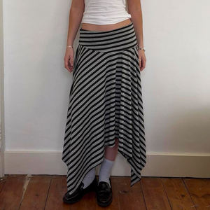 Falda Casual Minimalista a Rayas para Mujer, Cintura Natural, Dobladillo Irregular, Estilo Coreano Vintage, Maxi, Uso Diario, Cómoda - Product Image 5