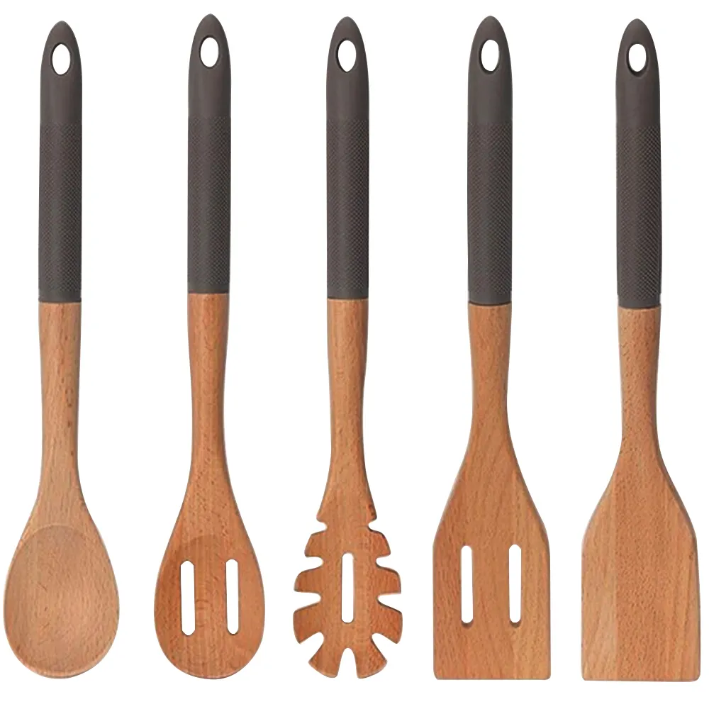 5pcs utensil sets wooden beech wood kitchen utensils silicone handle spoon turner spatulas spaghetti server wood+silicone items