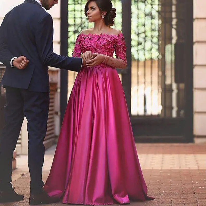 Vestidos de aniversario de boda fucsia sin hombros informales indios con mangas