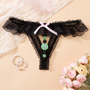Culottes string en dentelle pour femmes, taille basse, noires avec perles, respirantes, lingerie sexy - Product Image 1