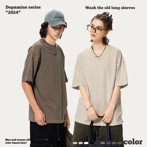 Usine chaude Ventes Directes De Mode Coton O Cou Solide Couleur Rétro Lavé À Manches Courtes T-shirt pour Hommes et Femmes - Product Image 4