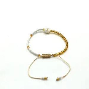 Myuki White Letter J Glass Rice Beads+Gold Glass Rice Beads+8mm Natural Shell Letter Beads+Nylon Rope