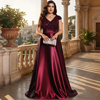 Robe de soirée formelle longue IMPEREAL grande taille bordeaux à col en V, manches courtes à sequins, en satin, coupe trapèze, pour bal de promo et mariage