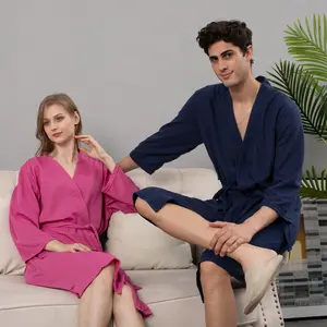 2021 Paar Slapen Jurk Nachtkleding V-hals Kimono Dressing Robe Katoen Wafel Loungewear Badjas