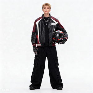 سترة جلدية للرجال بتصميم رياضي، أكمام مضلعة، خطوط جانبية، مبطنة عند المرفقين، مصنوعة من مواد متينة، ملابس رياضية عصرية - Product Image 4