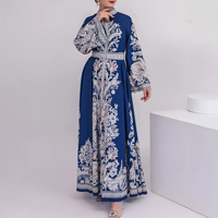 Abaya vintage à imprimé floral pour adultes avec ceinture assortie, robe longue décontractée à col montant et manches évasées pour femmes musulmanes