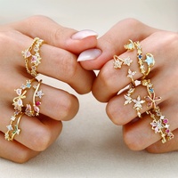 Set Cincin Tumpuk Lapis Emas FY Fashion Trendy Jewelry, Motif Ranting Bunga Bintang Hati Kristal Rhinestone