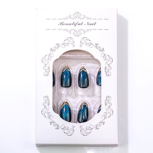 Lot de 30 faux <span class=keywords><strong>ongles</strong></span> à presser en amande, effet œil de chat <span class=keywords><strong>bleu</strong></span> <span class=keywords><strong>ciel</strong></span> étoilé, avec détails dorés français raffinés, pour un look transfrontalier explosif - Product Image 3
