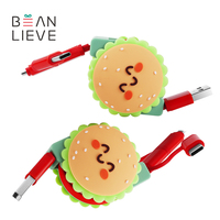 Kabel pengisi daya 3 in 1, desain Hamburger lucu Multi Usb C dapat ditarik