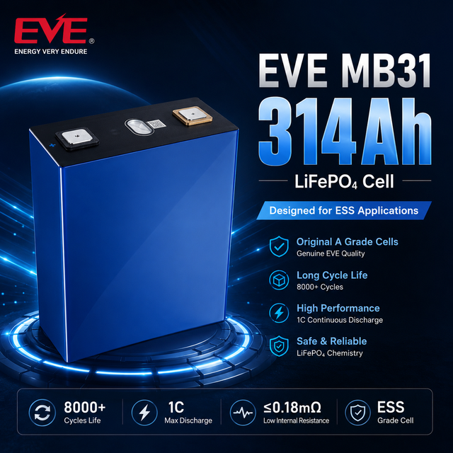 Grade a 314Ah 3.2V LiFePO4 Prismatic Battery Cell EVE MB31 Type  10000+ Cycles I Energy Storage Solar Power System EV Marine