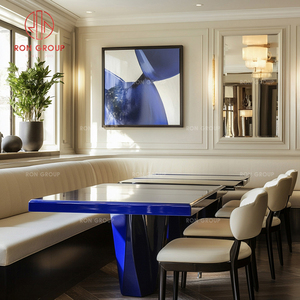 Modernes Luxuriöses <span class=keywords><strong>Klein</strong></span>-Blau Steinmarmor Runder Tisch Lederstuhl Sitzgruppe Restaurant Hotel Café Möbelset - Product Image 6