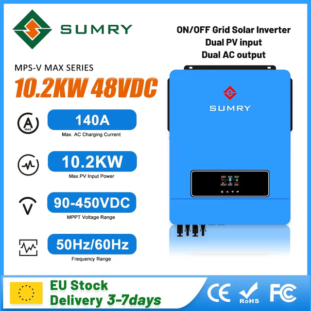 SUMRY Hybrid Solar Inverter 10.2KW on off Grid Single MPPT 48V PV Max 500VDC 160A 98% Efficiency Home Solar Charge Controller