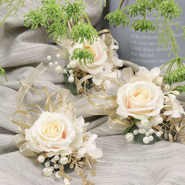 Luxury Wedding Brooch and Wrist Flower Bride Groom Corsage with Pearl and Chiffon Boutonniere for Wedding