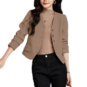 Women's Black Blazer Short Style Solid Color Polyester Wool Blend Spring Autumn Wear - Product Image 5