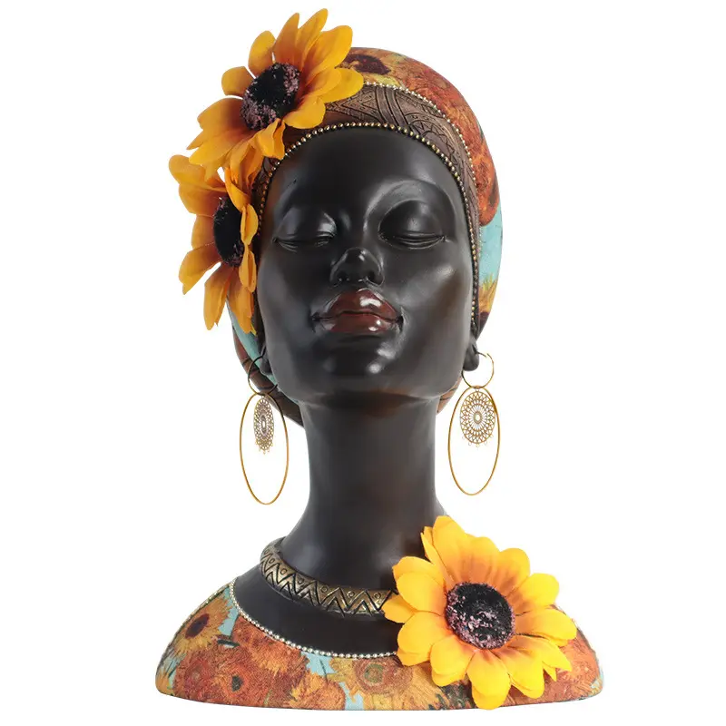 Presente artesanal estilo africano flor do sol preto cabeça resina macia decoração