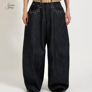 Мужские джинсы свободного кроя с камнями, дизайнерские, из необработанного денима, с широкими штанинами, селвидж, на заказ - Product Image 1